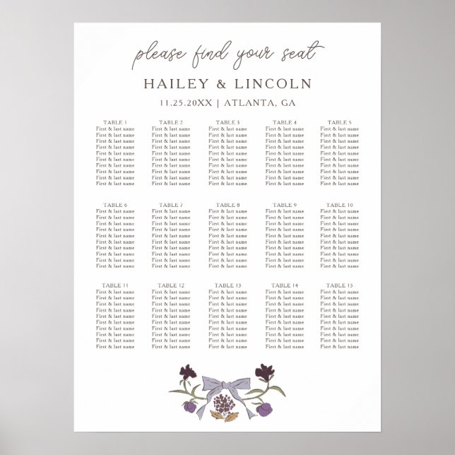 Sittdiagram för Rustic Lilac Bow Blommigt Bröllop Poster (Framsidan)