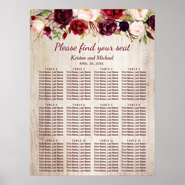 Sittdiagram för Rustic Wood Burgundy Blommigt Bröl Poster (Framsidan)