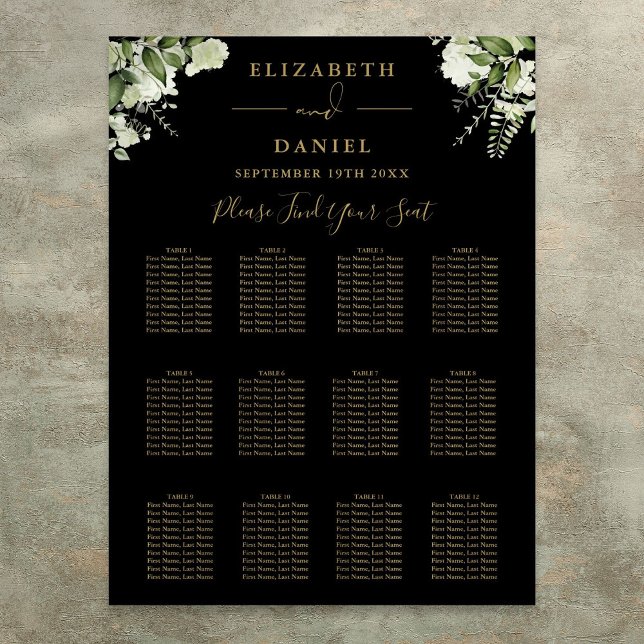 Sittdiagram för säten i Bröllop i Svarta och Guld Poster (Black And Gold Greenery Wedding Seating Chart)