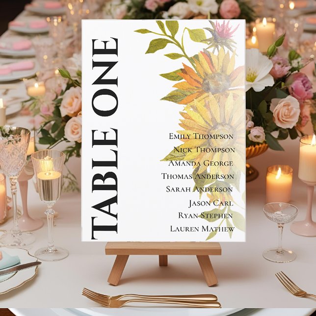 Sittdiagram för solrosrosrot i Bröllop Bord (Sunflower Rustic Flora Wedding Table Seating Chart)
