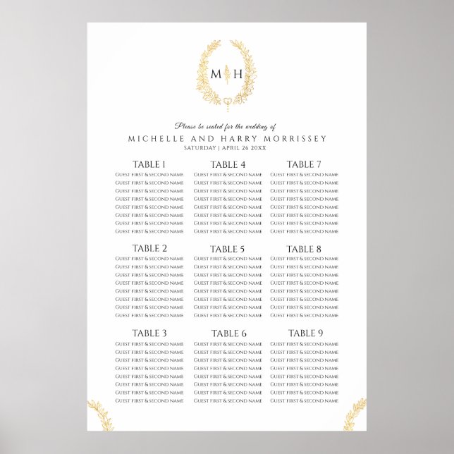 Sittdiagram för svart guld, vit ovala och bröllop poster (Framsidan)
