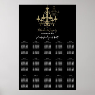 Sittdiagram för Svarta Guld Chandelier Bröllop Poster
