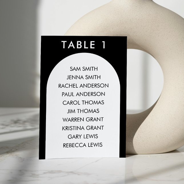 Sittdiagram för svartvit böjd båge Bröllop Bordsnummer (Black & White Curved Arch Wedding Seating Chart Table Number)