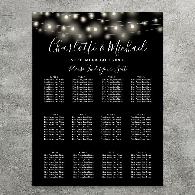 Sittdiagram för svartvit sträng i Ljus Bröllop Poster (Black White String Lights Wedding Seating Chart)