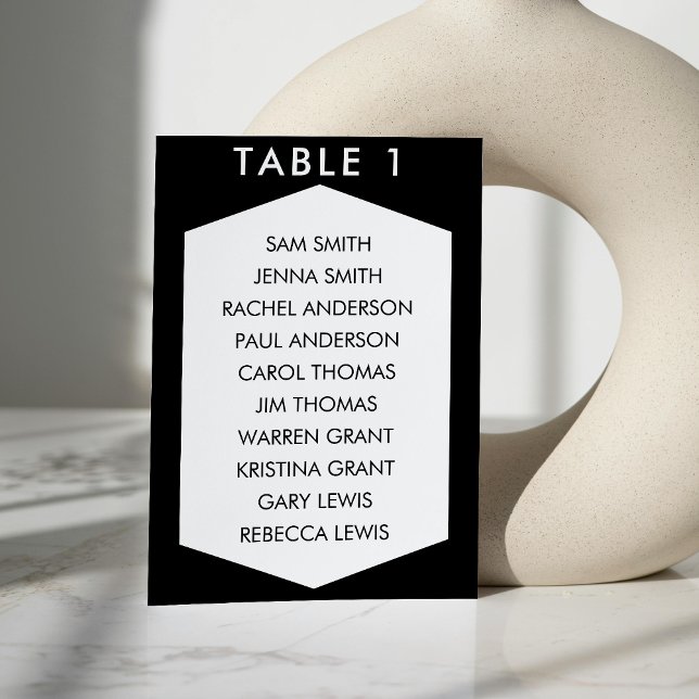 Sittdiagram för Svartvitt hexagon Bröllop Bordsnummer (Black & White Hexagon Wedding Seating Chart Table Number)