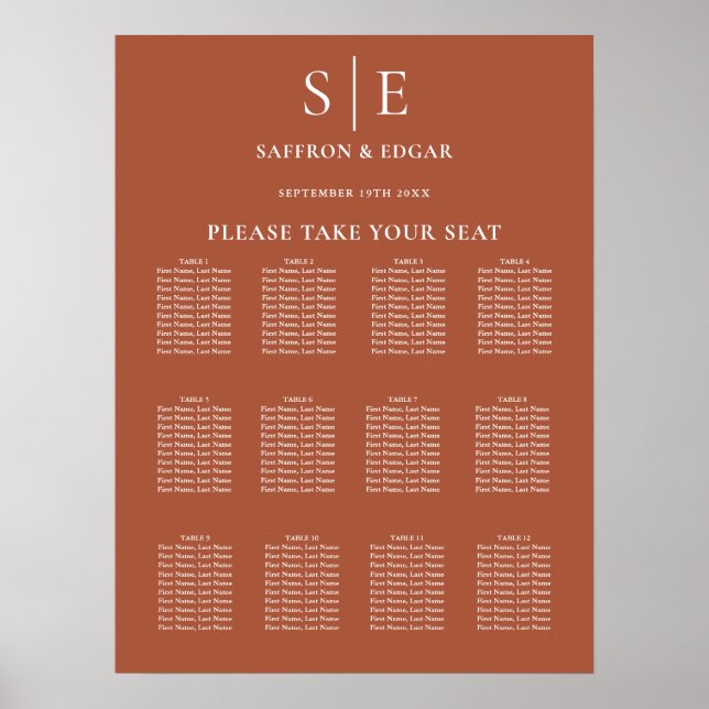 Sittdiagram för terracotta Elegant Monogram Bröllo Poster (Framsidan)