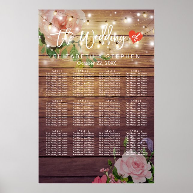 Sittdiagram för trästrå Blommigt Ljus Bröllop Poster (Framsidan)