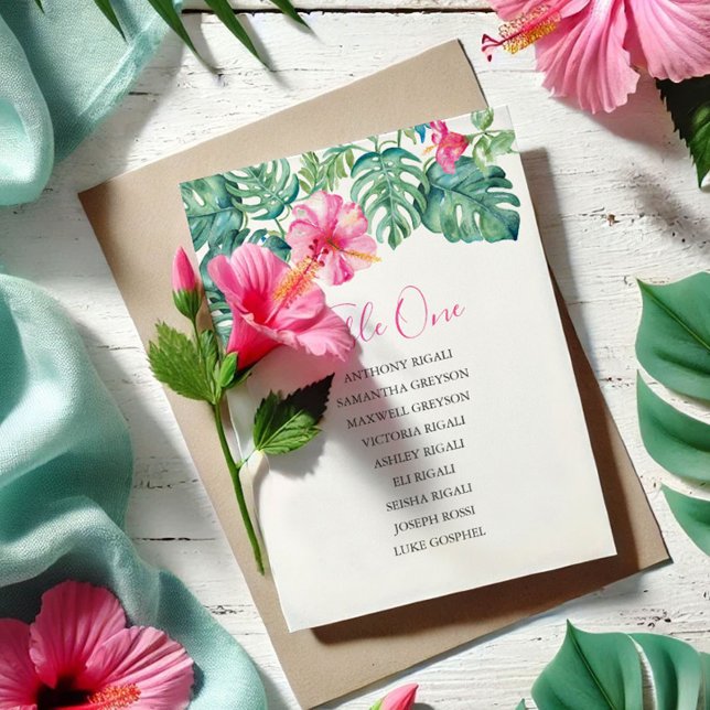 Sittdiagram för Tropical Bröllop, Bord-planen Inbjudningar (Destination weddings seating chart card tropical pink hibiscus flowers art by Victoria Grigaliunas)