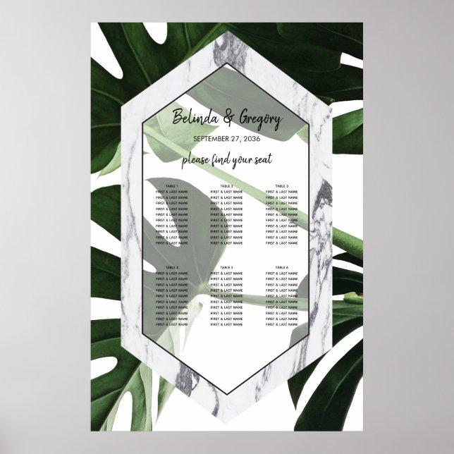 Sittdiagram för Tropical Monstera Marble Bröllop Poster (Framsidan)