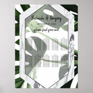 Sittdiagram för Tropical Monstera Marble Bröllop Poster
