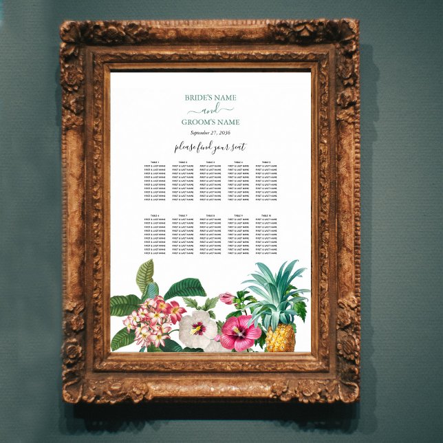 Sittdiagram för tropiska blommor och Bröllop Poster (Tropical Flowers & Greenery Wedding Seating Chart)