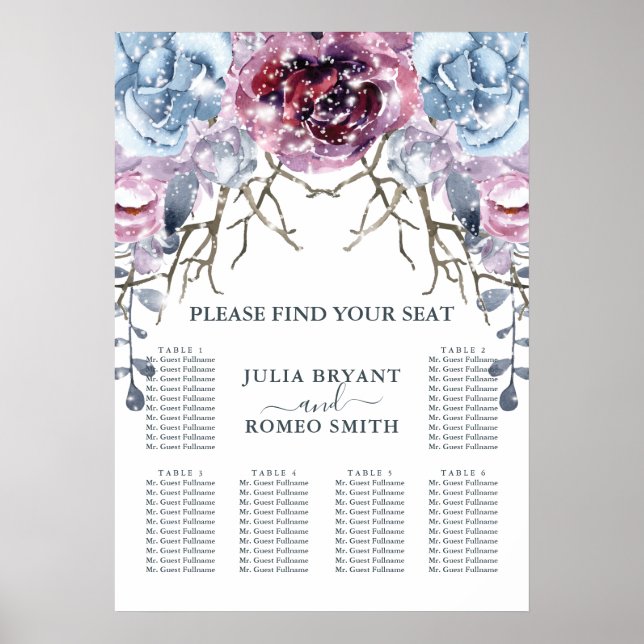 Sittdiagram för vinterbröllop Blommigt Snö Poster (Framsidan)