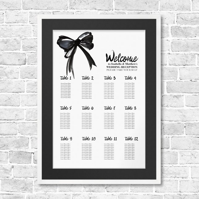 Sittdiagram för vit trendig i Chicen Bröllop Poster (Trendy Black and White Bow Chic Wedding Seating Chart Plan Template watercolor elegant simple script)