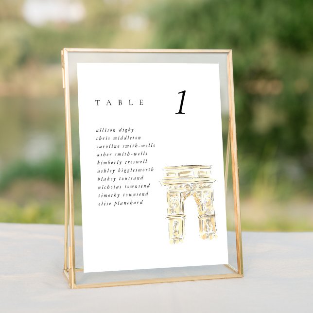 Sittdiagram för Washington Sq Park New York Bröllo (Watercolor Washington Square Park New York City wedding table number seating chart sign.)