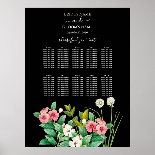 Sittdiagram för Wildblommor Periwinkle Black Bröll Poster (Framsidan)