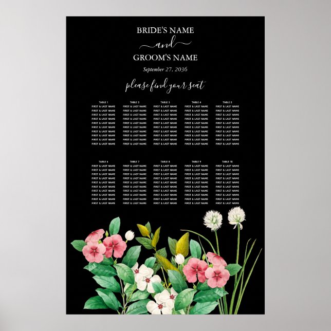 Sittdiagram för Wildblommor Periwinkle Black Bröll Poster (Framsidan)