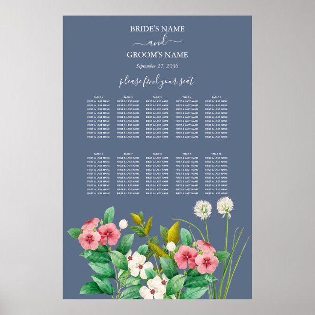 Sittdiagram för Wildblommor Periwinkle Blue Bröllo Poster (Framsidan)