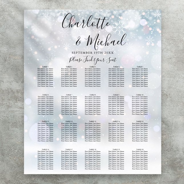 Sittdiagram för Winter Snöflingor Bröllop Poster (Winter Snowflakes Script Wedding Seating Chart)