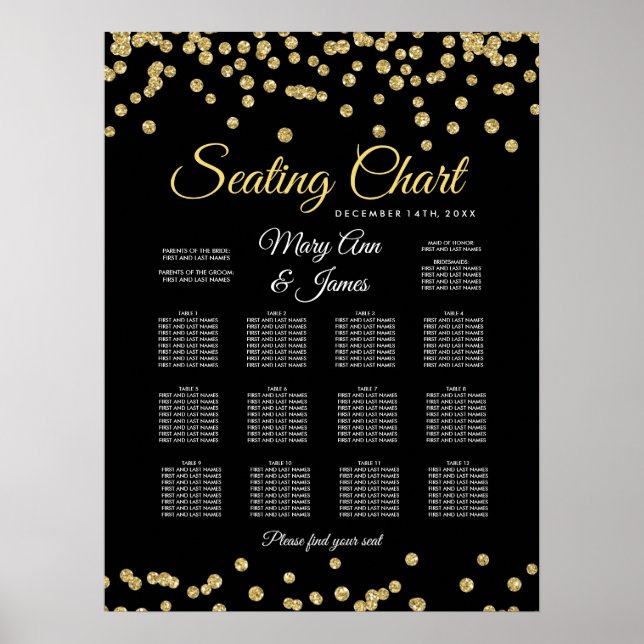 Sittdiagram Guld Faux Glitter confetti Black Poster (Framsidan)