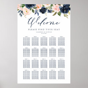 Sittdiagram över blå och Rosa Blommigt Bröllop Poster