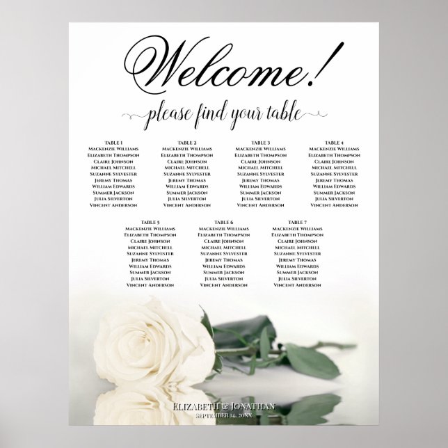 Sittdiagram över Bord Vit ros Elegant bröllop Poster (Framsidan)