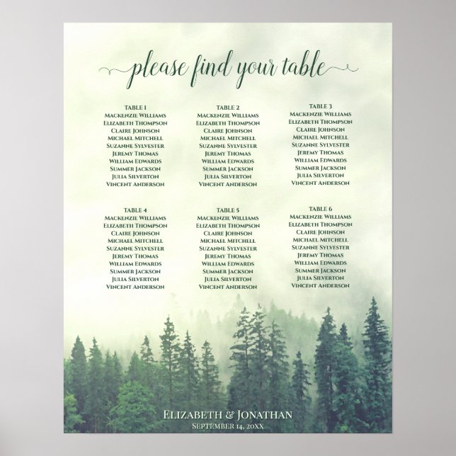 Sittdiagram över Rustic Grönt Forest 6 Bord Bröllo Poster (Framsidan)
