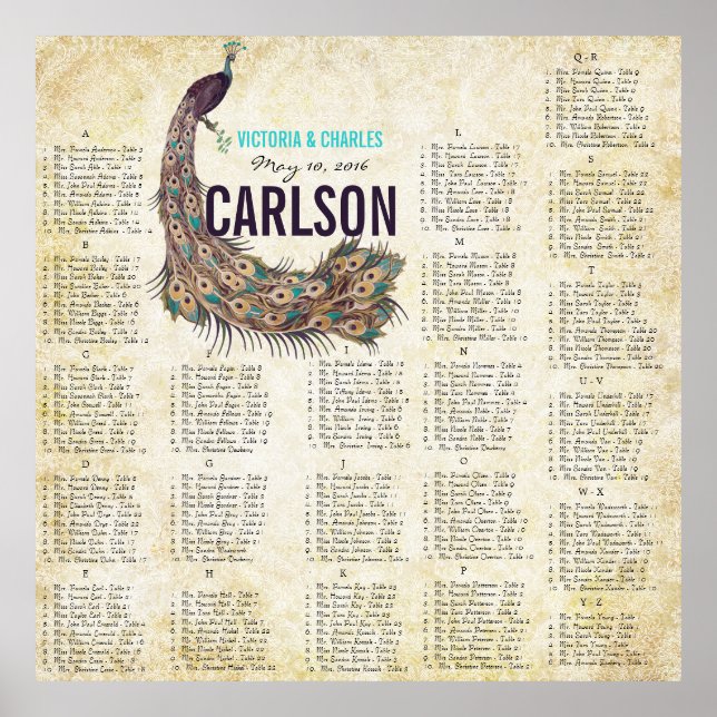 Sittdiagram över säten i Guld i Damask Peacock Ele Poster (Framsidan)