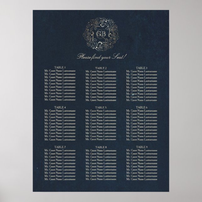 Sittdiagram över säten i guld och marin Blommigt B Poster (Framsidan)