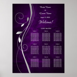 Sittdiagram över silver Löv Swirl Lila Bröllop Poster
