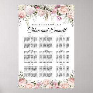 Sittdiagram över stora Rosor Blommigt 9-Bord Bröll Poster
