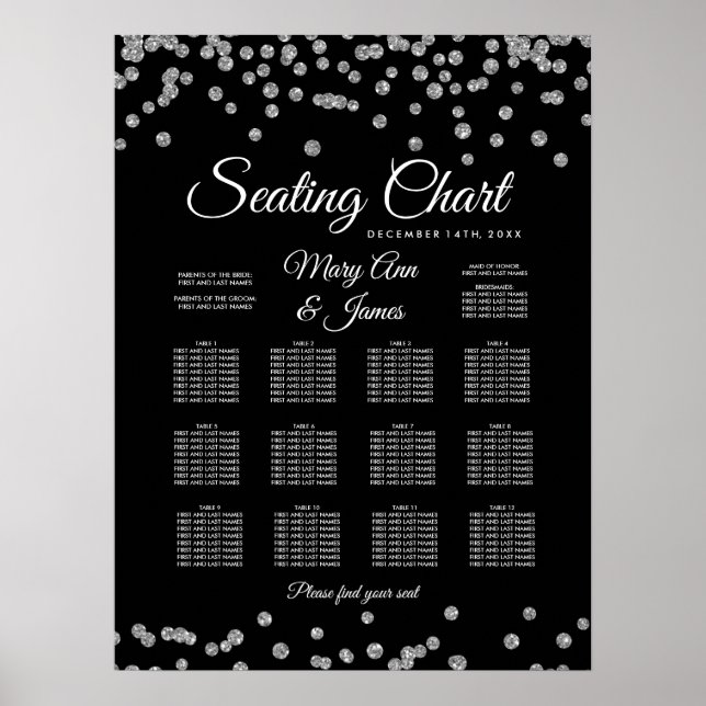 Sittdiagram Silver Faux Glitter confetti Black Poster (Framsidan)