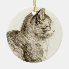 Sitting cat vintage sepia pencil drawing julgransprydnad keramik