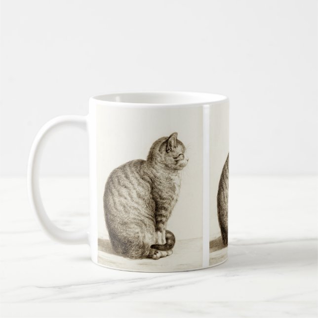 Sitting cat vintage sepia pencil drawing kaffemugg (Vänster)
