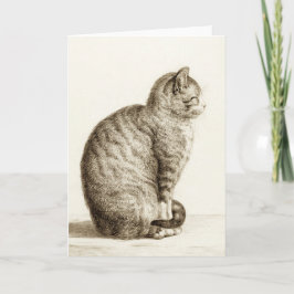 Sitting cat vintage sepia pencil drawing kort