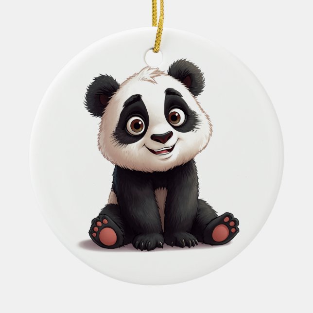 Sitting Panda Bear Cartoon Illustration Artwork Julgransprydnad Keramik (Framsidan)