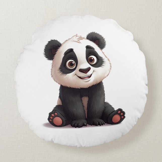 Sitting Panda Bear Cartoon Illustration Artwork Rund Kudde (Framsidan)
