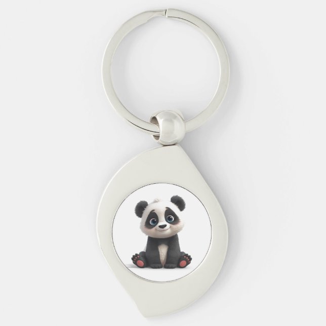 Sitting Panda Bear Cartoon Illustration Artwork Swirl Silverfärgad Nyckelring (Framsidan)