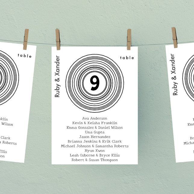 Sittkort för vinylpost Teckning Hanging Bord Inbjudningar (Single table seating card with Vinyl record with hand-drawn look. )