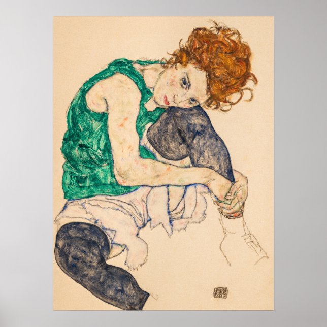 Sittmöss med Bent Knee av Egon Schiele Poster (Framsidan)