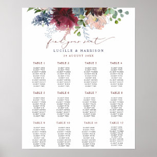 Sittplan för Burgundy och marinen Blommigt Bröllop Poster