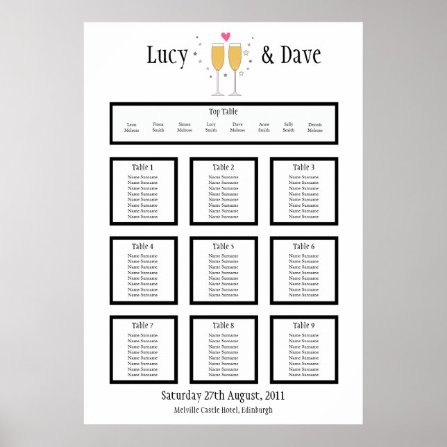Sittplan för Champagne Toast Bröllop Bord Poster (Framsidan)