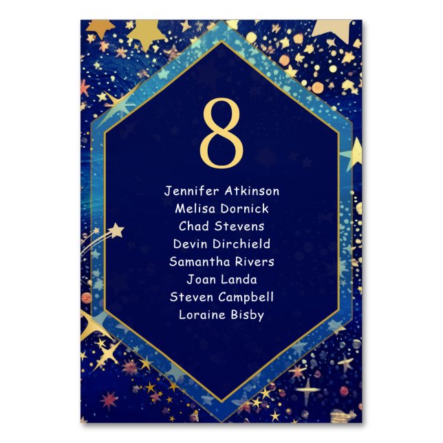 Sittplats i Celestial stjärnblått bröllop Bordsnummer (Framsidan)