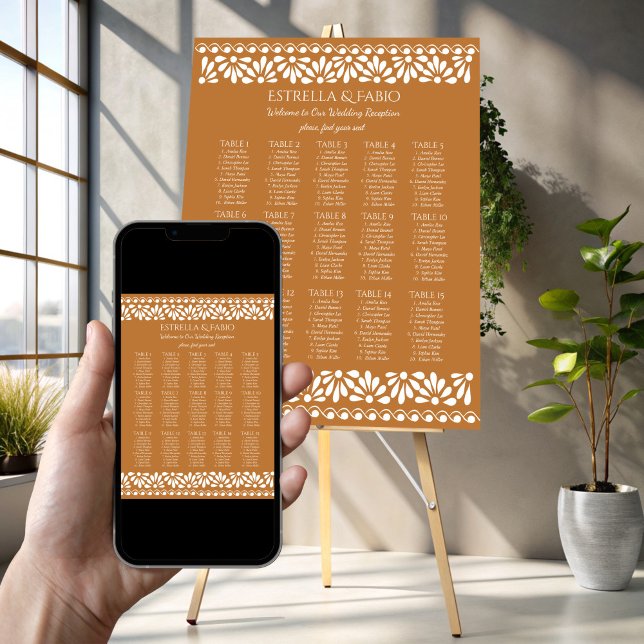 Sittplatser för mexikansk talavera teracotta bröll poster (Mexican talavera terracotta wedding party seating poster template personalized seating plan )