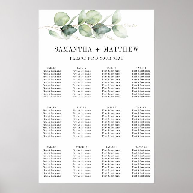 Sittplatser i Botaniska eukalyptus Greenery Bröllo Poster (Framsidan)