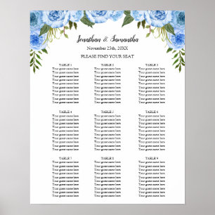 Sittplatskarta bröllopsceremoni blåa blommor skylt