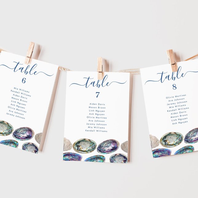 Sittplatskort för Abalone Snäcka Bröllop Bord Inbjudningar (These Abalone Shell beach wedding seating chart cards are double sided and can be downloaded)