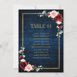 Sittplatskort för Burgundy Navy  Blommigt Guld Inbjudningar