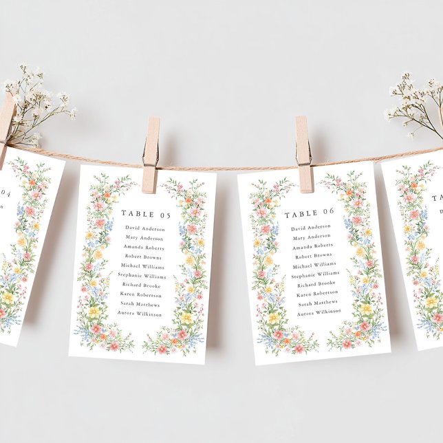 Sittplatskort för Mjuk Pastel Ornate Vår Chic Inbjudningar (Soft Pastel Ornate Wildflower Spring Chic Wedding Seating Chart card)