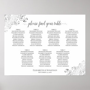 Sittplatsschemat Bord, Vita Bröllop, Silver Poster