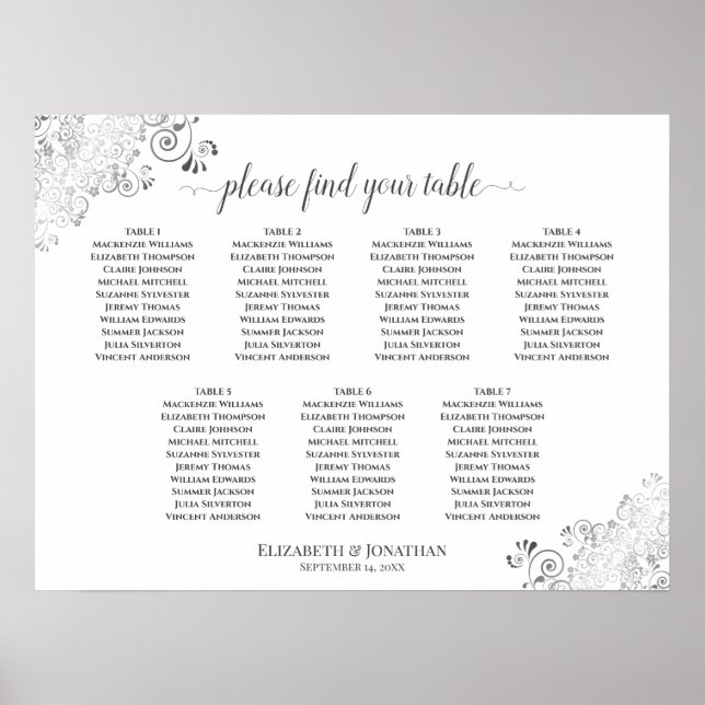 Sittplatsschemat Bord, Vita Bröllop, Silver Poster (Framsidan)